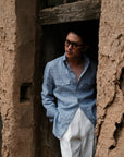 Ugentle Button Down Collar Linen Shirt — Misty Blue Check