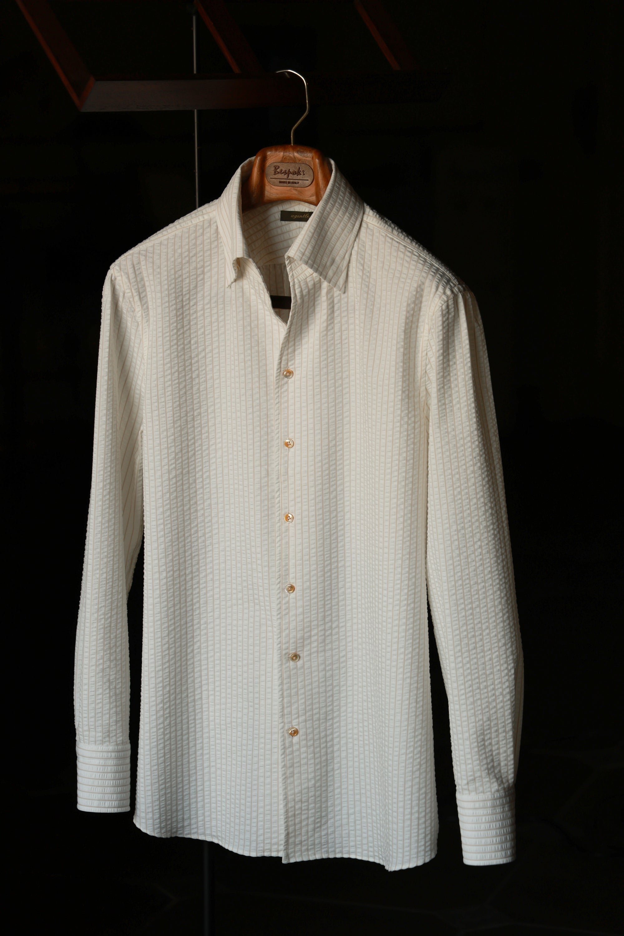 Ugentle One-piece Collar Shirt — Seersucker Beige Pencil Stripe